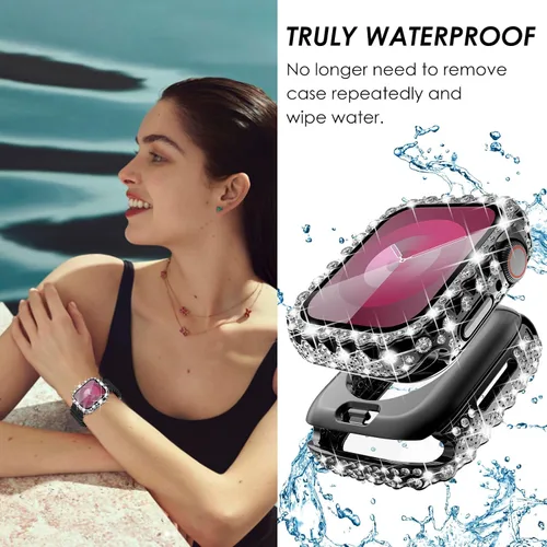 Vista 7 de Surace - Carcasa impermeable 2 en 1 para Apple Watch Series 6, 5, 4, SE de 1.575 pulgadas Lace Edge Diamond Protective Bumper Cover Built-in