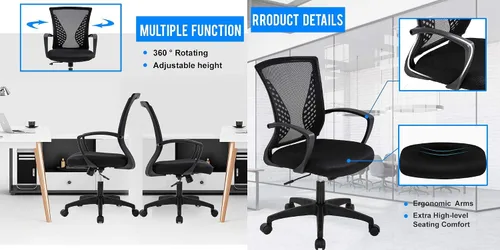 Vista 4 de Simple Home - Silla ergonómica de escritorio de oficina de malla, soporte lumbar, taburete ajustable ejecutivo moderno, silla giratoria para dolor