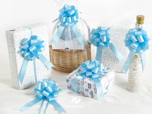 Vista 5 de HUIHUANG Lazos Azules para Envolver Regalos 12 PCS Lazos Azules Bebé de Tirón de 4 Pulgadas de Satén para Regalos, Cesta de Regalo, Bolsa de Papel