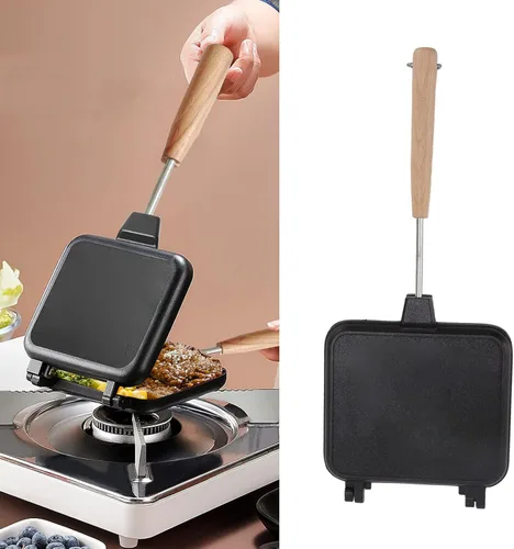 Vista 3 de Alvinlite Sartén de doble cara con revestimiento antiadherente, máquina de sándwiches de prensa, sartén de doble cara con mango de madera, máquina