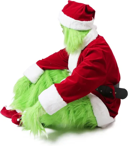 Vista 4 de VeMee Green Big Monster Costume 9 PCS Christmas Deluxe Furry Adult Santa Suit Green Claus Holiday Outfit Set