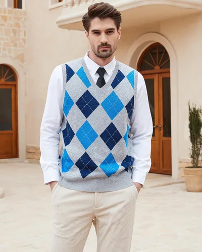 Vista 2 de Kallspin Suéter tipo chaleco con rombos para hombre, mezcla de lana, cuello en V, sin mangas