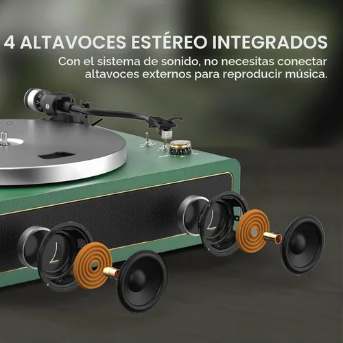 Vista 2 de Tocadiscos con altavoces incorporados, reproductor de discos de vinilo con soporte para reproducción Bluetooth, parada automática, velocidad de 33