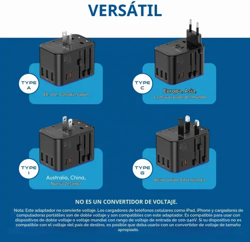 Vista 8 de Ceptics 45W Universal Travel Adapter w/ 3 USB-A, 2 USB-C & Universal Input Negro