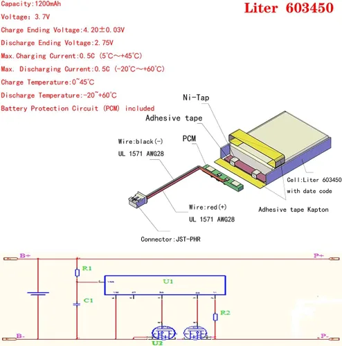 Vista 3 de Liter 3.7V 1200mAh 603450 batería recargable de iones de polímero de litio con conector JST 0.079 in