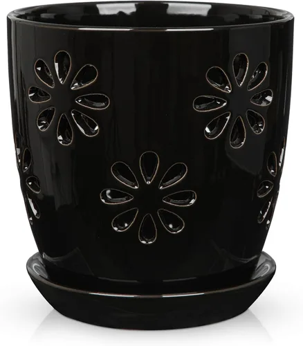 Vista 10 de Ollas de orquídeas de 6 pulgadas con agujeros Brown Black Ceramic Orchid Pot para trasplante marrón y negro