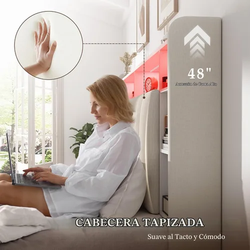 Vista 6 de EnHomee Base de cama de tamaño matrimonial con 4 cajones de almacenamiento y cabecero tapizado, marco de cama matrimonial con LED, estación de carga
