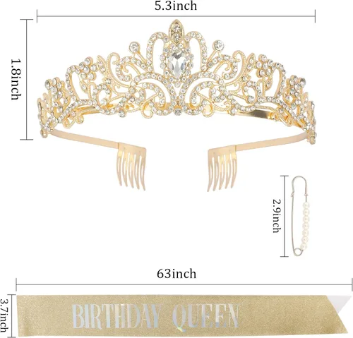 Vista 5 de CAVETEE Faja y tiara dorada para cumpleaños - Coronas de fiesta para mujer