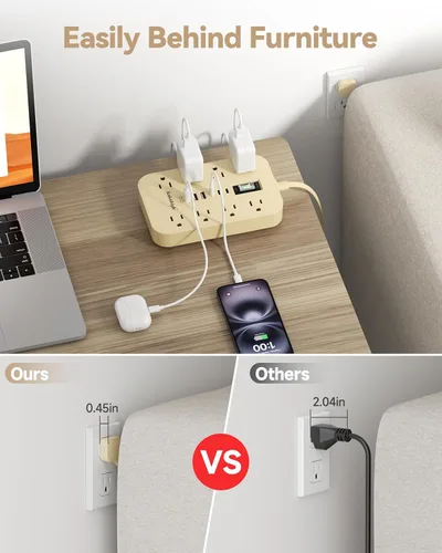Vista 3 de Regleta de alimentación beige con puertos USB, cable de extensión plano de 5 pies, cable de extensión decorativo de 1625 W con 8 tomas de corriente
