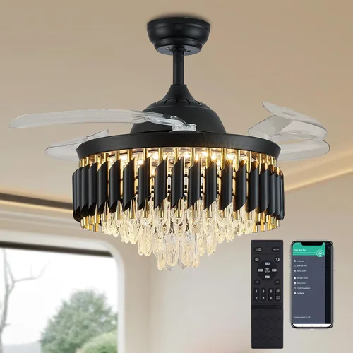 Vista 11 de Ventilador de techo regulable de cristal de 36 pulgadas con luces y control remoto, moderno ventilador de techo retráctil con luces para dormitorio