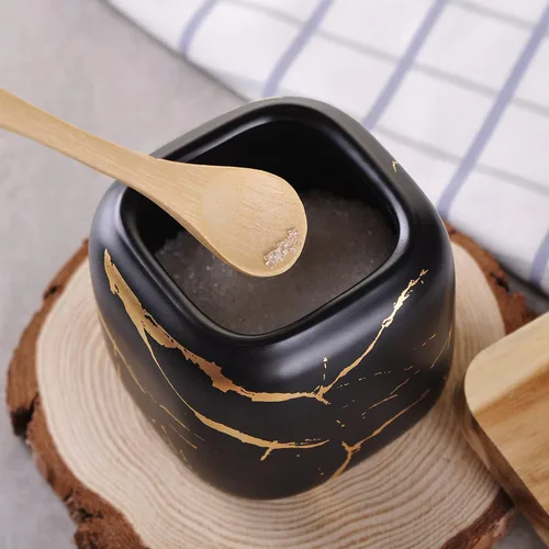 Vista 4 de VanEnjoy Tarro de porcelana decorativo de mármol con tapa de bambú y cuchara para condimentos para el hogar