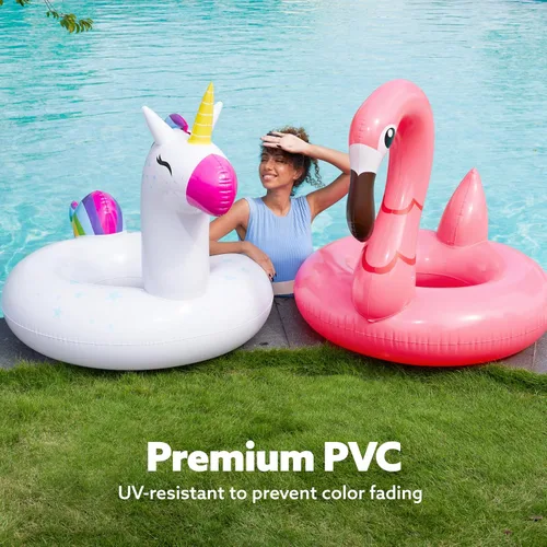Vista 6 de SLOOSH Paquete de 2 flotadores inflables de flamenco de unicornio para piscina, decoraciones de fiesta de natación, divertidos flotadores, tubos