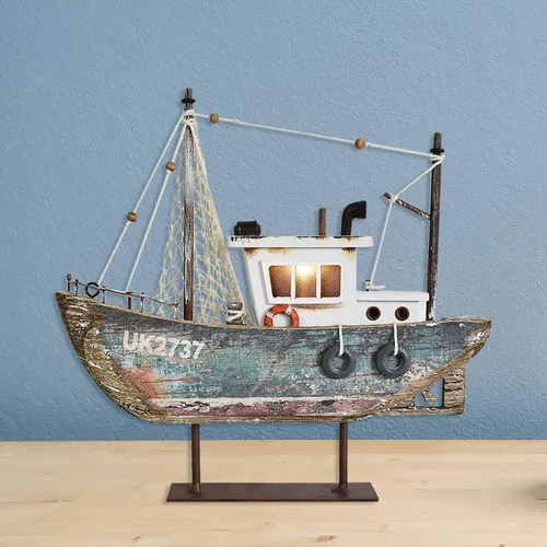 Vista 2 de Velero de madera Decoración náutica con luz LED Modelo de velero decorativo Centro de mesa de barco con temática de playa, decoración rústica