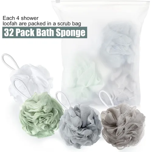 Vista 6 de Shellwei 32 esponjas de baño para ducha, 2.12 oz de carbón, grande, de malla, esponjoso, suave, para hombres y mujeres, con accesorios de baño