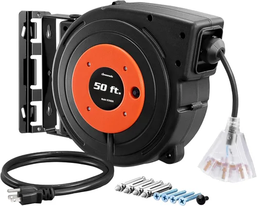 Vista 13 de DEWENWILS Carrete de cable de extensión retráctil de 50 pies con 6 tomas con conexión a tierra, cable de alimentación SJTOW resistente 14/3C