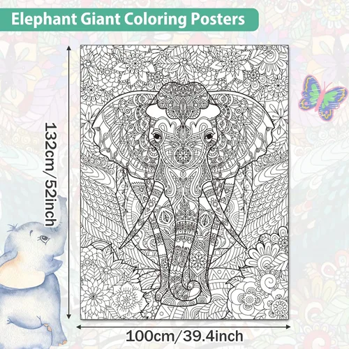 Vista 2 de Pósteres Gigantes de Elefante para Colorear para Niños y Adultos, Póster de Elefante para Colorear de 39.37×51.96 Pulgadas, Pósteres de Mandalas