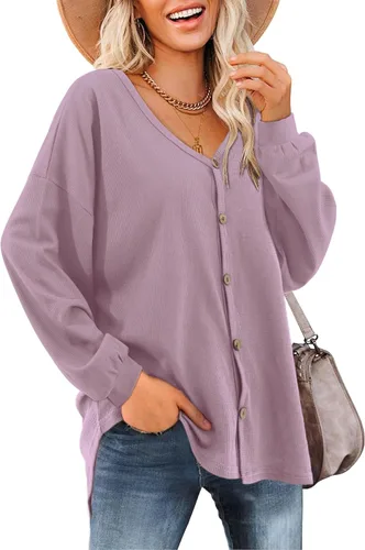 Vista 9 de Beluring Women's Shirts V Neck Long Sleeve Waffle Knit Button Up Tunic Tops Blouse verde militar (s-army green)