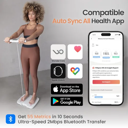 Vista 4 de Wonder Core FitSpec - Báscula inteligente con análisis de IA, 55 métricas de composición corporal para grasa corporal, IMC, masa muscular, 8