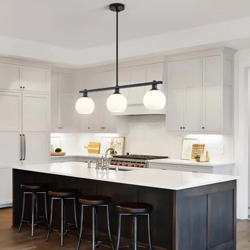 Vista 2 de Iluminación de isla de cocina, 3 luces, lámparas colgantes lineales con pantallas de vidrio de leche, candelabros negros de granja para comedor