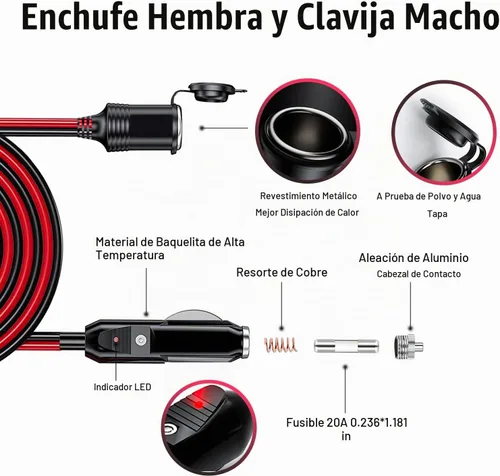 Vista 5 de Cable de extensión de encendedor de cigarrillos resistente de 12V/24V 16AWG de 4.9 pies, adaptador de cable de extensión de enchufe macho a hembra