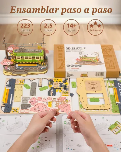 Vista 6 de Rolife Sakura Journey Tram - Rompecabezas de madera 3D para adultos, kits de construcción de modelos de bricolaje con luces LED, regalo creativo