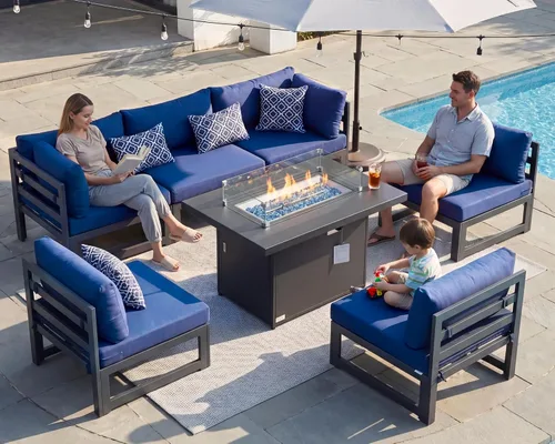 Vista 25 de BULEXYARD - Sofá modular de aluminio para exteriores con mesa para fogata, 7 piezas, color verde azulado