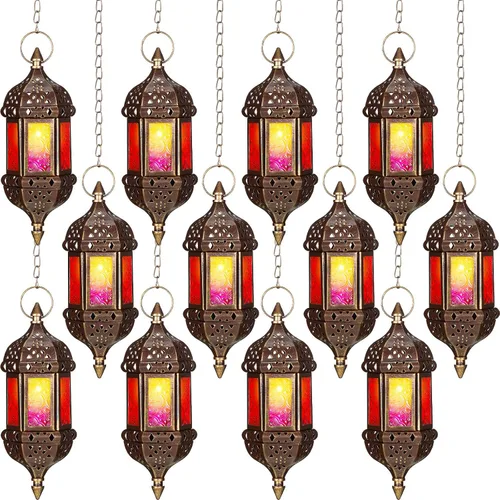 Vista 7 de Retisee 2 faroles marroquíes colgantes hexagonales decorativos marroquíes, portavelas colgantes para interiores y exteriores, para patio, bodas