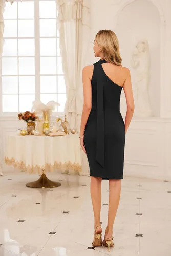 Vista 3 de GRACE KARIN Vestidos de cóctel sexy sin mangas para mujer, 2023, con cuello halter fruncido, envolvente, vestidos de tubo para fiesta