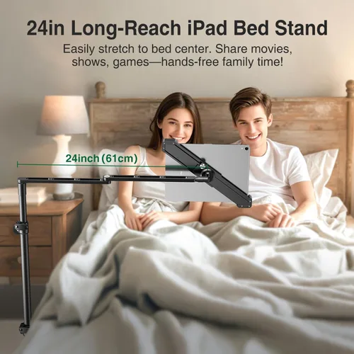Vista 3 de elitehood Soporte de suelo para iPad de diseño diagonal con base resistente, soporte horizontal de 24 pulgadas de brazo largo para cama reclinable
