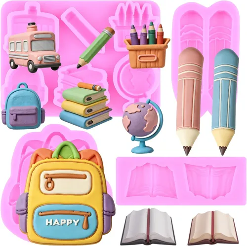 Vista 10 de Mujiang Moldes de silicona para el regreso a clases, bolsa escolar, libro de tijeras, paleta de dibujo, moldes para fondant, para decoración