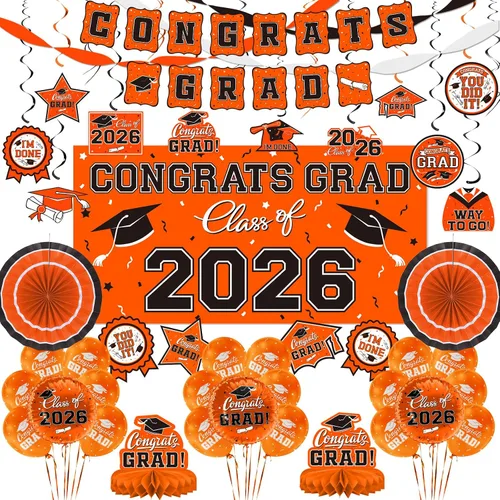 Vista 9 de Juego de decoraciones de graduación 2026 con temática negra y dorada, pancarta de felicitaciones, telón de fondo, globos y serpentinas, suministros