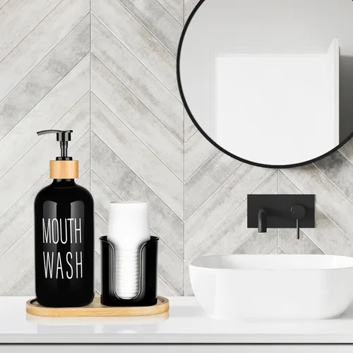 Vista 6 de Dispensador de enjuague bucal negro para baño, botella de vidrio con bomba de 16 onzas con soporte para tazas, 14 tazas de enjuague bucal, bandeja
