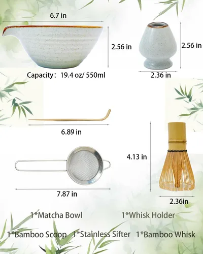 Vista 9 de Juego de batidor de matcha, juego de matcha, kit de matcha, cuenco de matcha con boquilla, cuchara, tamiz, batidor de bambú, soporte de Chasen