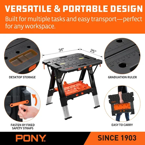 Vista 8 de Pony Portable Folding Work Table, Workbench & Sawhorse 2-in-1 Design, 31"x25"x25"-35" Height Adjustable, Heavy Duty, 4 Bench Dogs, for Woodworkers