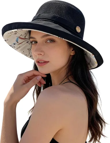 Vista 10 de Sombrero de malla para el sol para mujer, plegable, de ala ancha, protección UV, protección UV, para playa, con correa para la barbilla