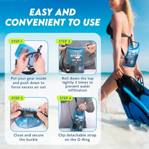 Vista 2 de SandShark Bolsa seca impermeable de 3 litros – Bolsa de playa con funda transparente para teléfono, bolsa enrollable para canotaje, rafting