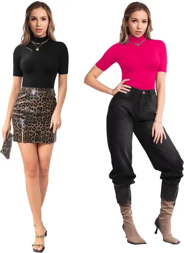 Vista 5 de MANGOPOP Camiseta de manga corta de 34 con cuello alto falso para mujer, corte ajustado, media codo