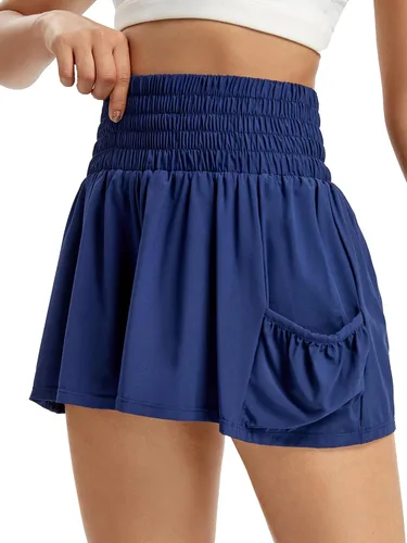 Vista 5 de Blaosn Pantalones cortos fluidos de cintura alta para mujer, gimnasio, yoga, atletismo, correr, tenis, faldas con bolsillos, ropa bonita de verano