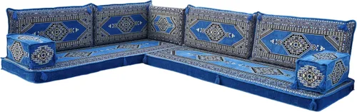 Vista 72 de arabicsofa Juego de asientos Jalsa en forma de L – Majlis árabe hecho a mano con almohadas de respaldo