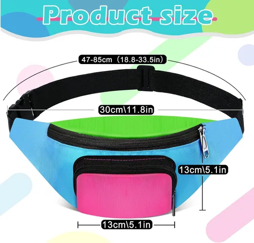 Vista 2 de Xuniea Riñonera retro de neón de los años 80, 2 bolsillos, bolsas para cinturón, disfraces de los años 90 para mujeres y hombres, riñoneras
