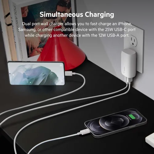 Vista 2 de Belkin Bloque de carga USB C de 37 W - Puerto USB-C de 25 W + puerto USB-A de 12 W para carga PPS Apple iPhone 17, Air, Pro, Pro Max, AirPods