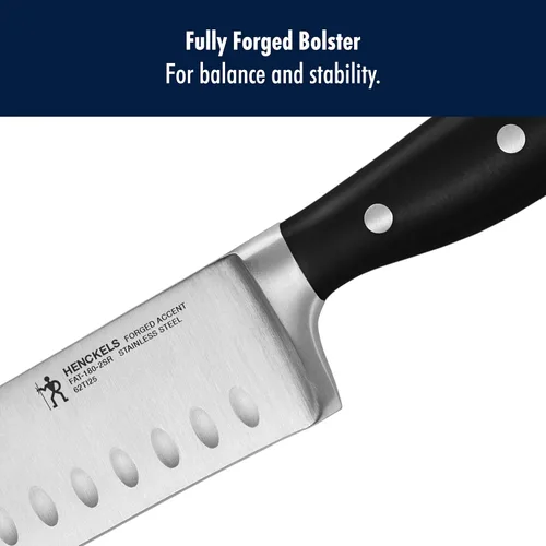 Vista 6 de Henckels Cuchillo Santoku Forged Accent de 7 pulgadas con Filo Hueco, Negro