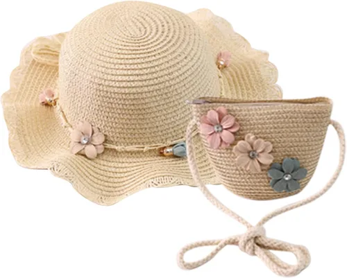 Vista 3 de Sombrero de paja para bebé niña + bolsa de playa para niñas, sombrero de paja para niños, sombrero, sombrero de flores para niños
