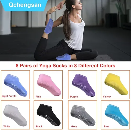 Vista 2 de Qchengsan Calcetines antideslizantes de agarre 8 pares para mujer, calcetines antideslizantes de yoga y pilates con cojín, pantuflas de agarre