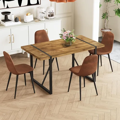 Vista 3 de Juego de mesa de comedor rústica de 5 piezas para 4 personas, mesa de comedor rectangular de madera moderna de mediados de siglo de 55 pulgadas