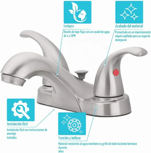 Vista 6 de Grifo de lavabo de baño central de dos asas, níquel cepillado 1.2 GPM Flow, 3-Hole, Decorative Lever Handles, Deck Mount, WaterSense, Double