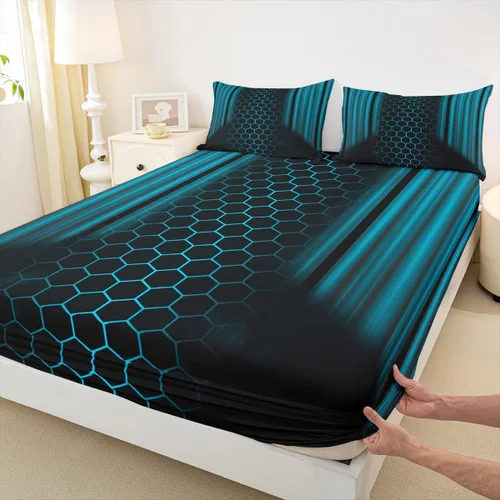 Vista 13 de Manfei Sábana bajera ajustable de panal rojo, tamaño matrimonial, juego de ropa de cama hexagonal geométrica de 3 piezas para decoración de Multi 07