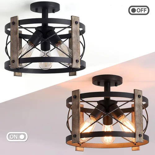 Vista 2 de Bargeni Lámpara de techo de montaje empotrado, lámpara de techo rústica de 13 pulgadas, acabado negro mate, lámparas de granja de 3 luces para sala