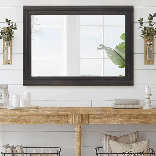 Vista 7 de Espejo de pared de madera empalmada hecha a mano para baño, espejo de tocador rústico estilo granja, arte de pared de decoración, marco de madera