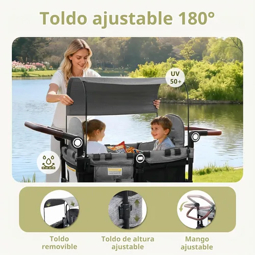 Vista 2 de Kinder King Cochecito Wagon para 2 niños, rueda absorbente de golpes, negro Negro&gris